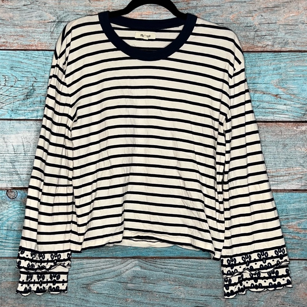 SOLD Madewell Striped Long Sleeve Tee Embroidered Eyelet Detail Classic Preppy